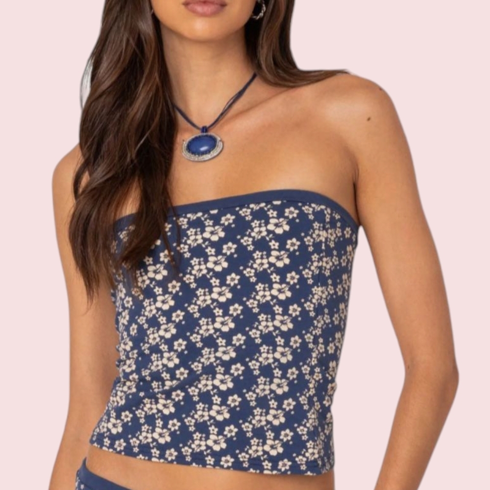 Edikted Flower Power Stretch Cotton Tube Top in Blue M
